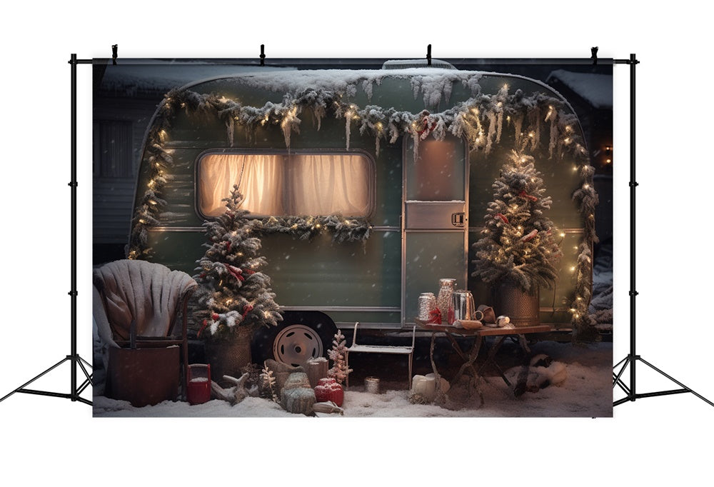 Christmas Tree Snow Green Camper Backdrop UK RR7-862