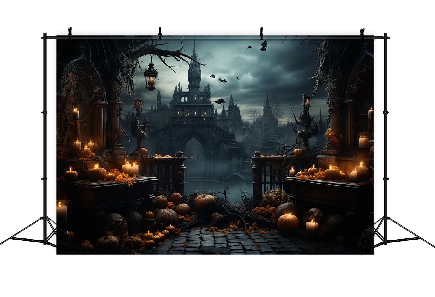 Gothic Castle Halloween Pumpkins Bats Backdrop UK RR7-87