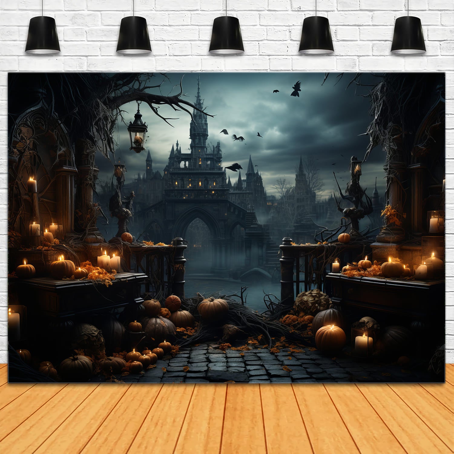 Gothic Castle Halloween Pumpkins Bats Backdrop UK RR7-87