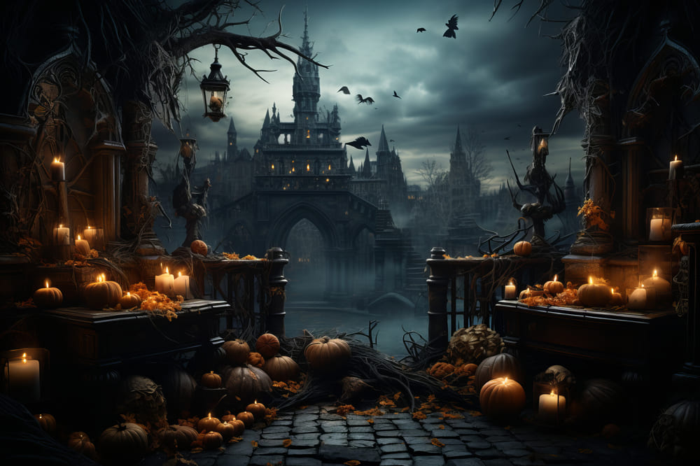 Gothic Castle Halloween Pumpkins Bats Backdrop UK RR7-87