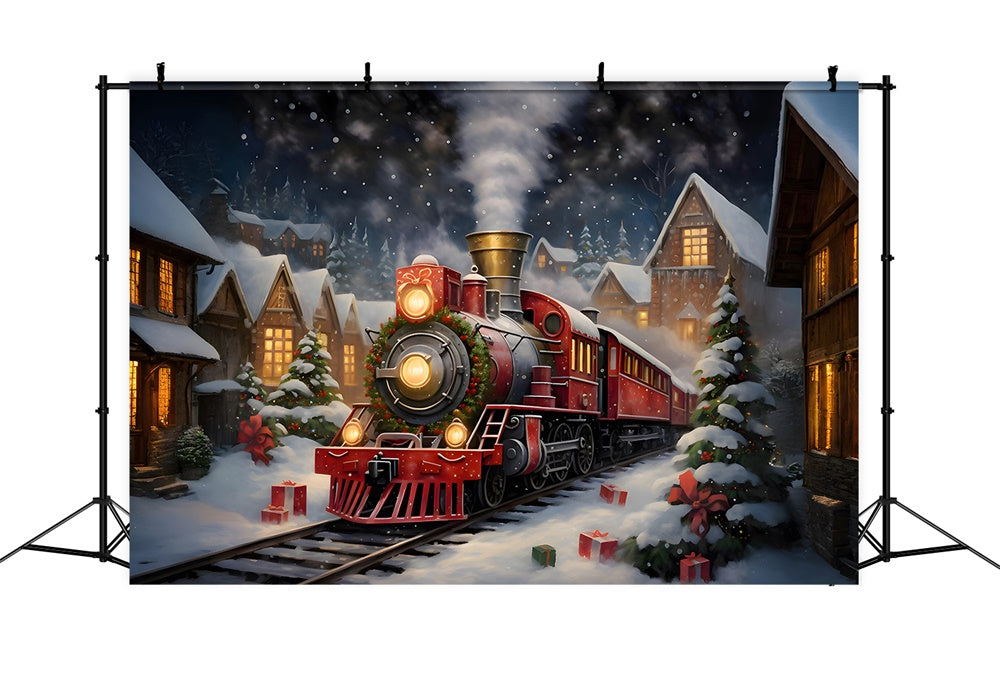 Christmas Train Houses Snow Night Backdrop UK RR7-876