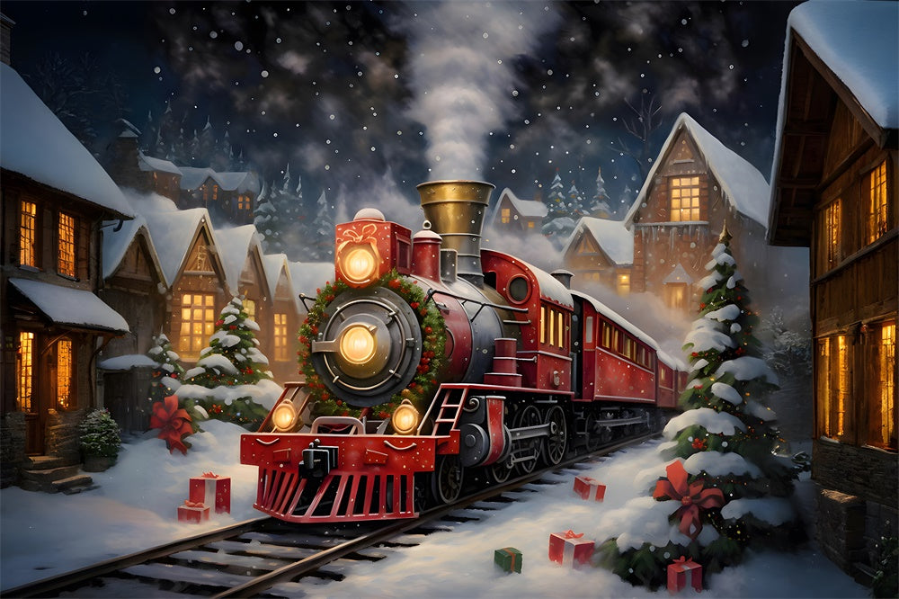 Christmas Train Houses Snow Night Backdrop UK RR7-876