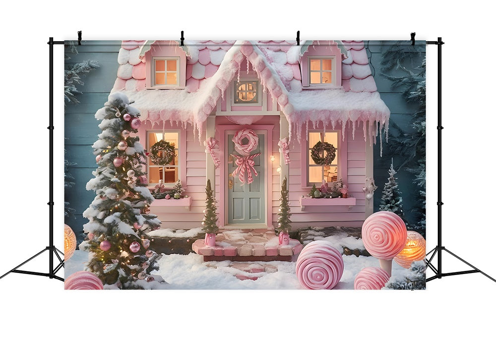 Christmas Tree Pink Candy House Backdrop UK RR7-878