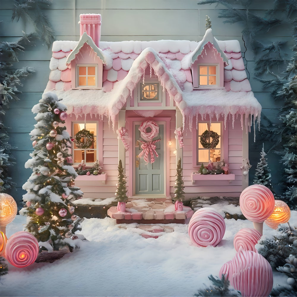 Christmas Tree Pink Candy House Backdrop UK RR7-878