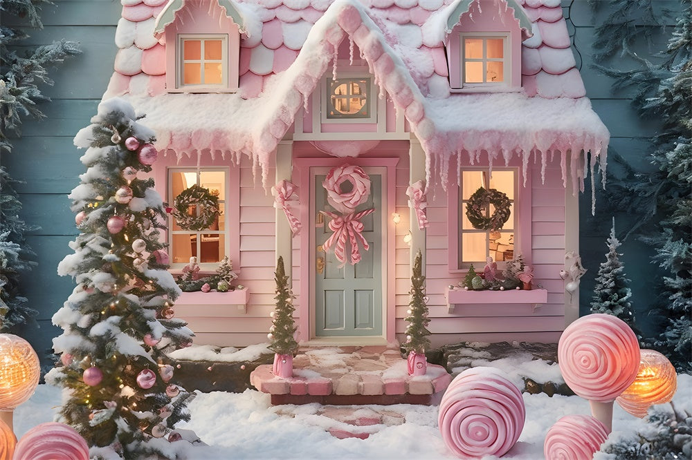 Christmas Tree Pink Candy House Backdrop UK RR7-878