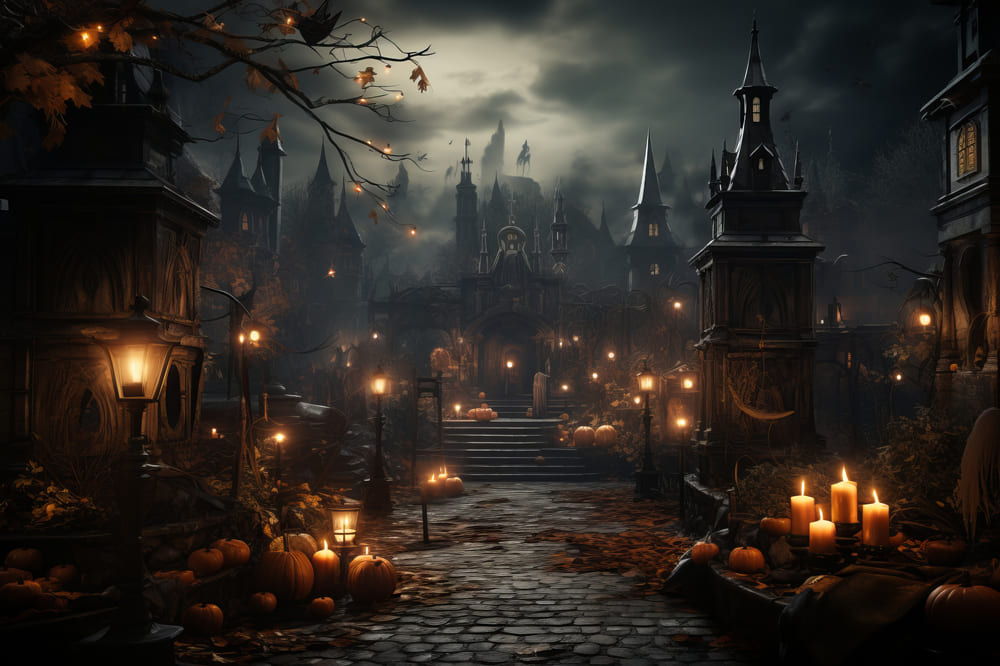 Halloween Castle Candles Pumpkins Backdrop UK RR7-91