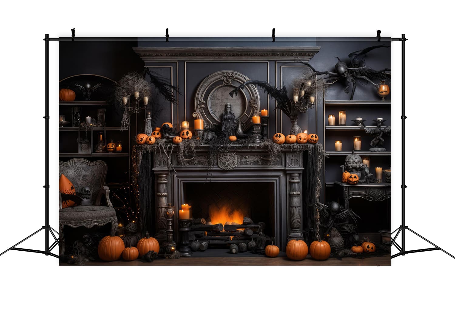 Halloween Fireplace Pumpkins Candles Backdrop UK RR7-97