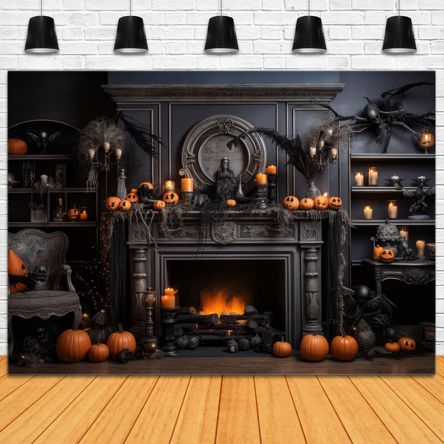 Halloween Fireplace Pumpkins Candles Backdrop UK RR7-97