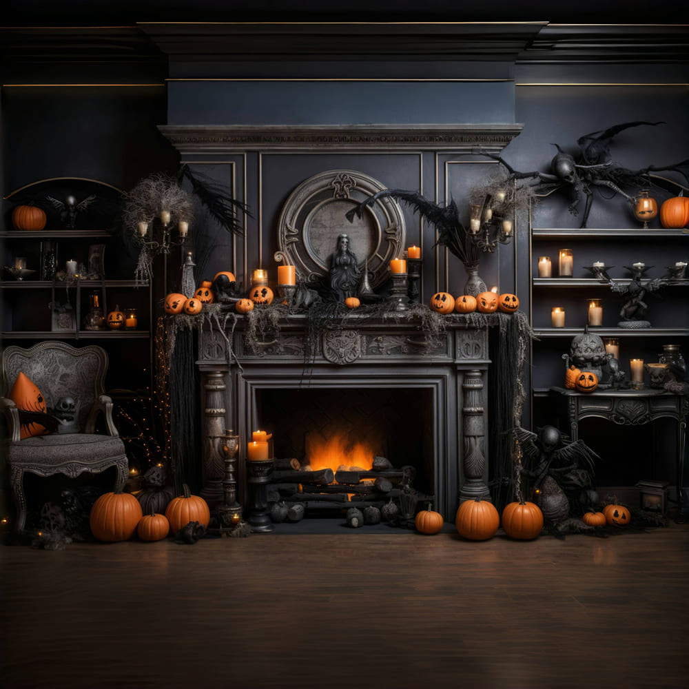 Halloween Fireplace Pumpkins Candles Backdrop UK RR7-97