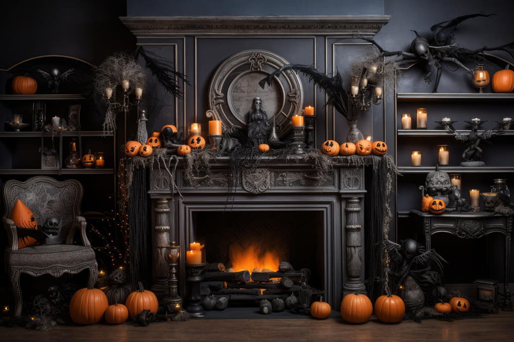 Halloween Fireplace Pumpkins Candles Backdrop UK RR7-97