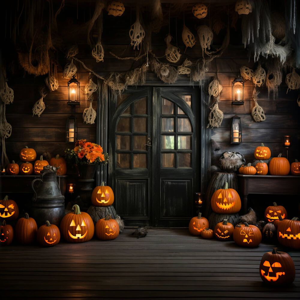 Wooden House Halloween Pumpkins Backdrop UK RR7-99