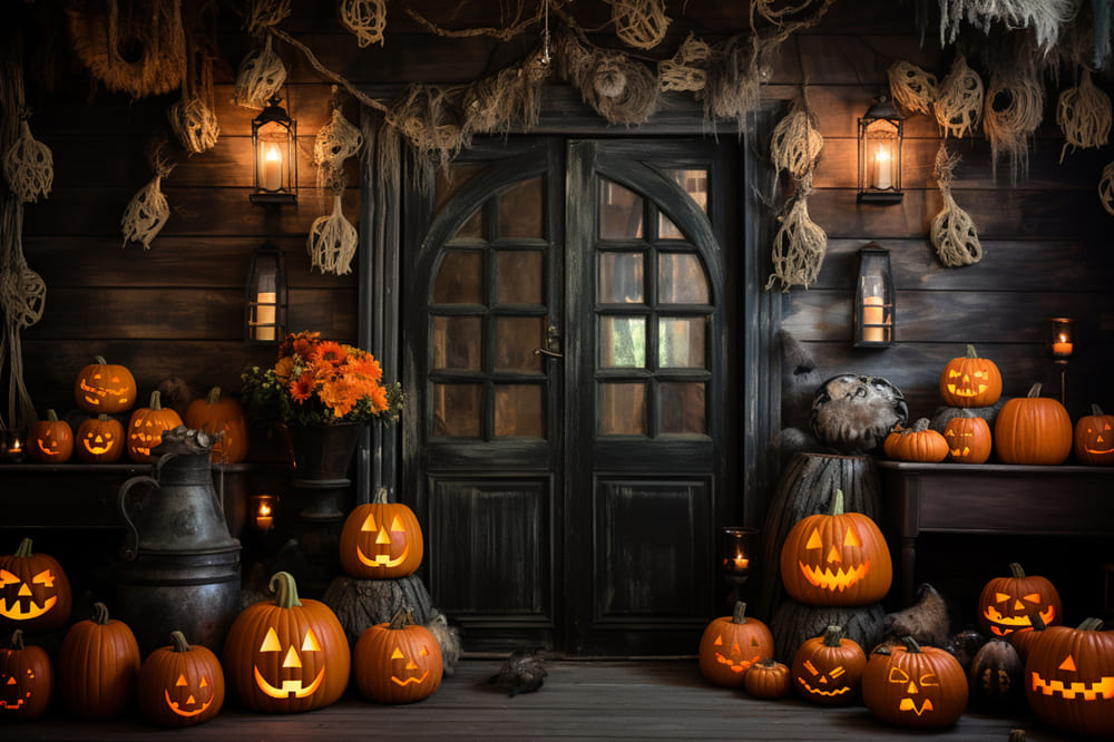 Wooden House Halloween Pumpkins Backdrop UK RR7-99