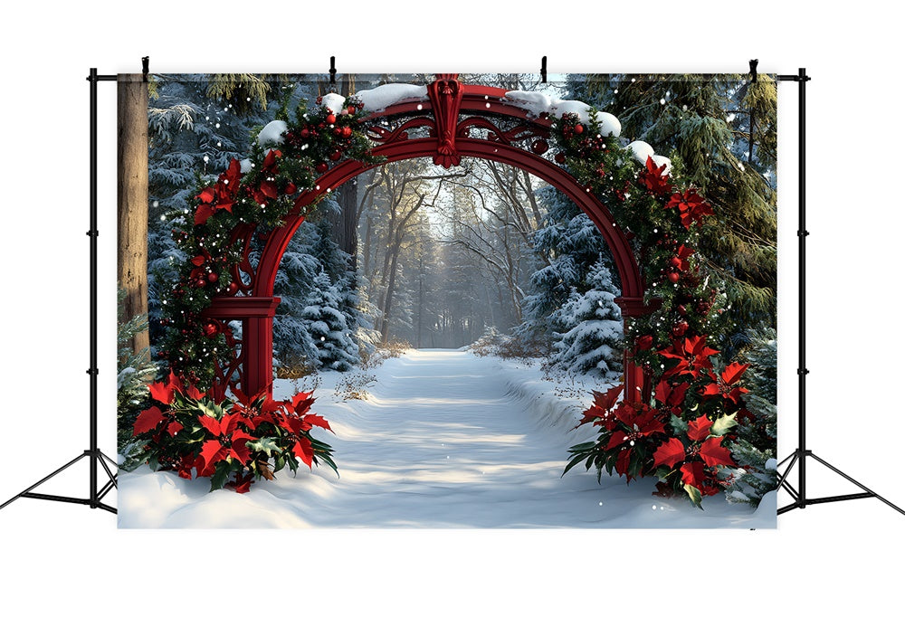 Christmas Poinsettia Garland Snow Trees Backdrop UK RR8-100