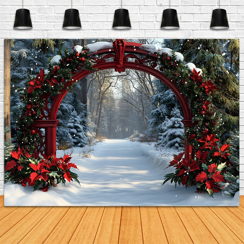 Christmas Poinsettia Garland Snow Trees Backdrop UK RR8-100