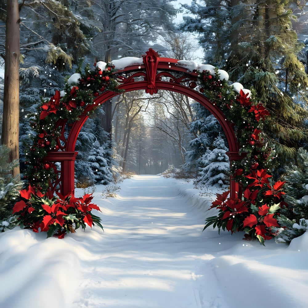 Christmas Poinsettia Garland Snow Trees Backdrop UK RR8-100