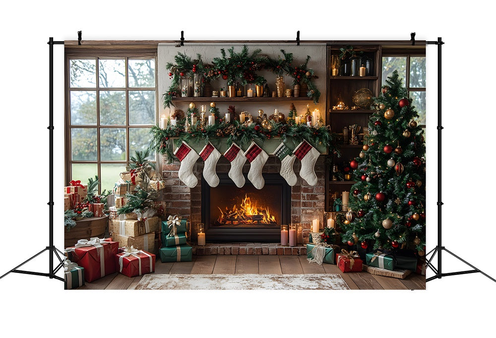 Christmas Tree Stockings Fireplace Backdrop UK RR8-111