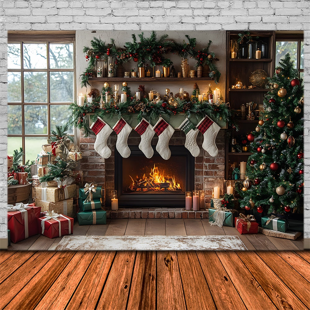 Christmas Tree Stockings Fireplace Backdrop UK RR8-111