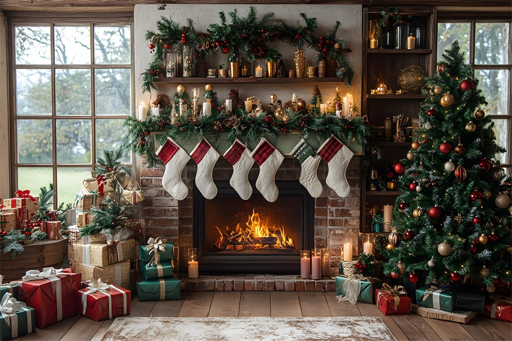 Christmas Tree Stockings Fireplace Backdrop UK RR8-111