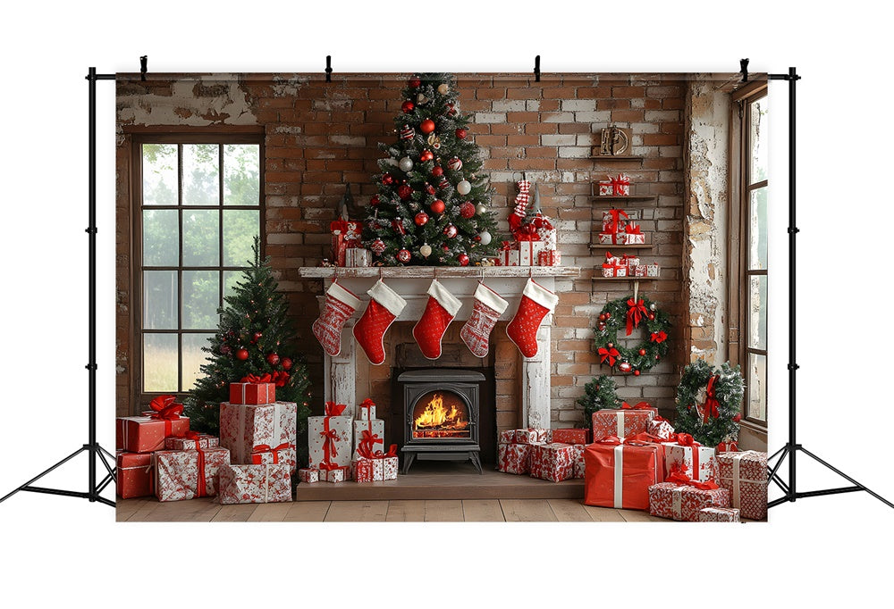 Christmas Socks Fireplace Gift Boxes Backdrop UK RR8-112