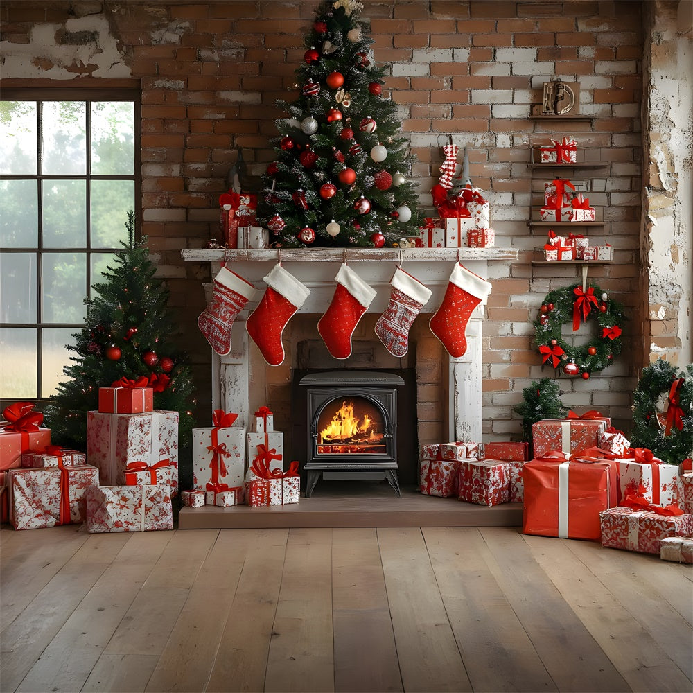 Christmas Socks Fireplace Gift Boxes Backdrop UK RR8-112