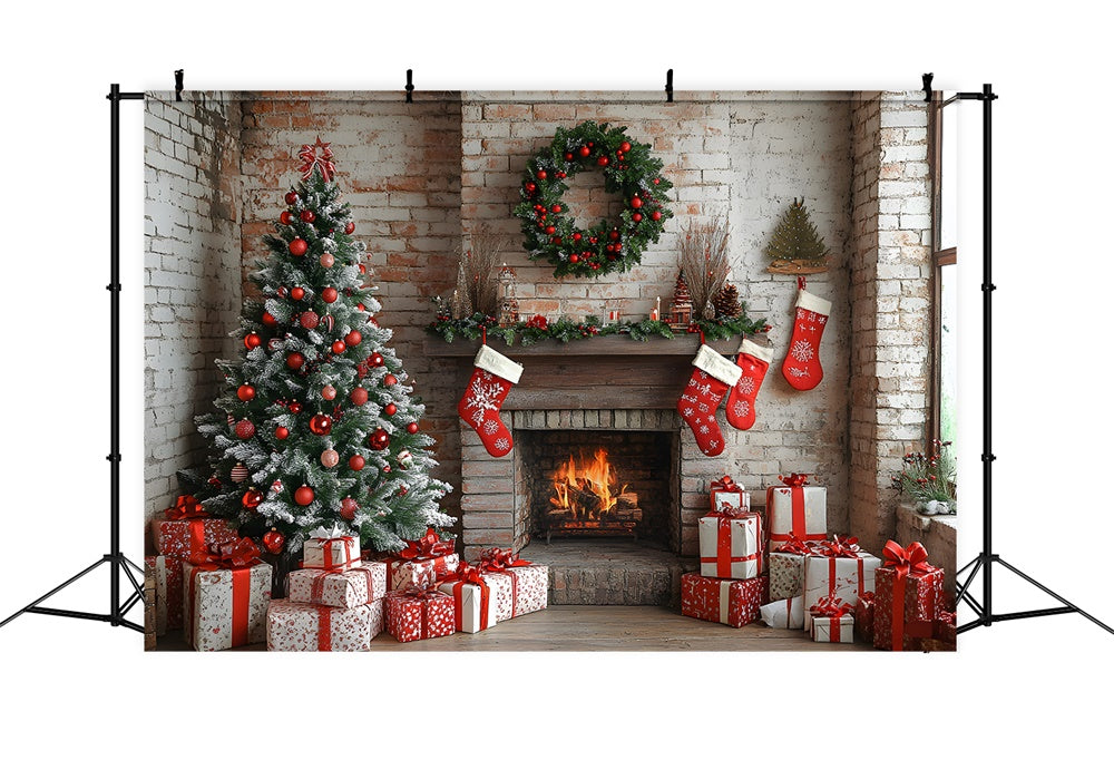 Christmas Brick Wall Fireplace Stockings Backdrop UK RR8-115