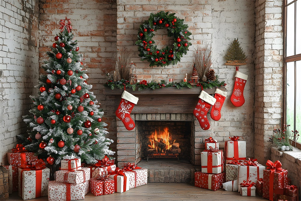 Christmas Brick Wall Fireplace Stockings Backdrop UK RR8-115