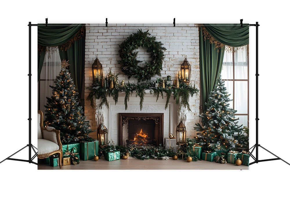 Christmas White Wall Fireplace Wreath Backdrop UK RR8-119