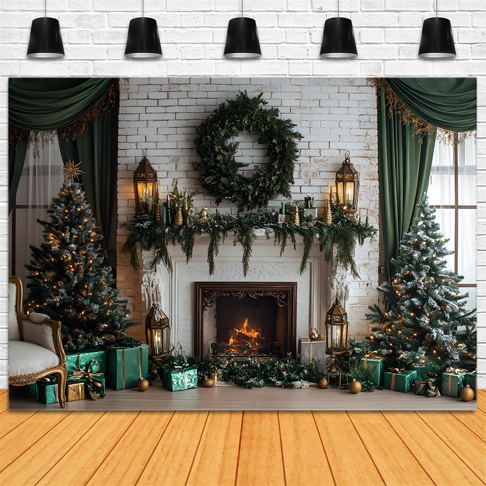 Christmas White Wall Fireplace Wreath Backdrop UK RR8-119