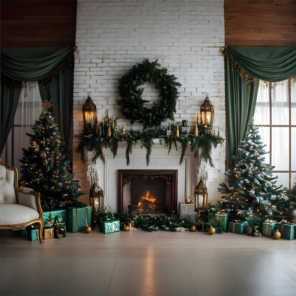 Christmas White Wall Fireplace Wreath Backdrop UK RR8-119