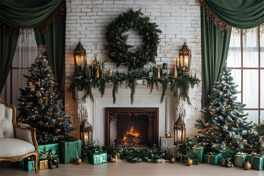 Christmas White Wall Fireplace Wreath Backdrop UK RR8-119