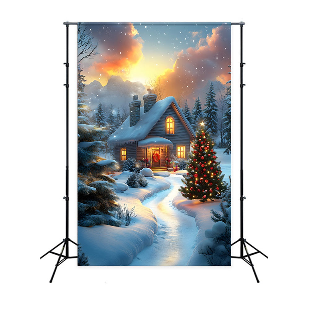 Christmas Snow Covered House Trees Backdrop UK RR8-121