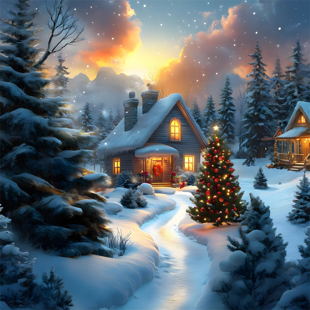 Christmas Snow Covered House Trees Backdrop UK RR8-121