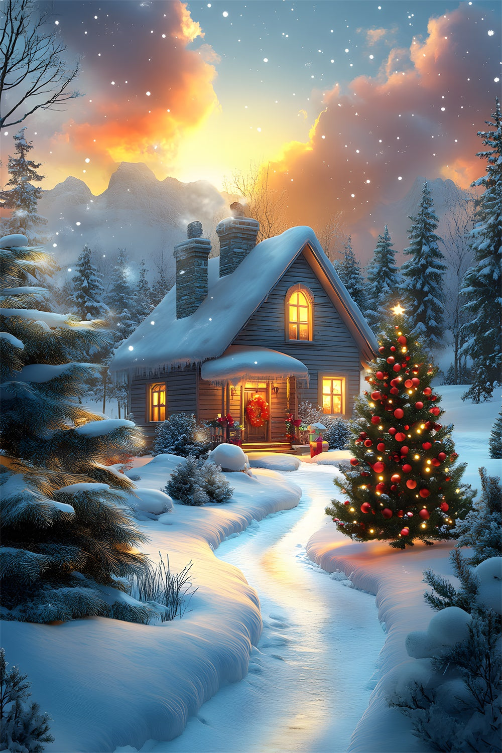 Christmas Snow Covered House Trees Backdrop UK RR8-121