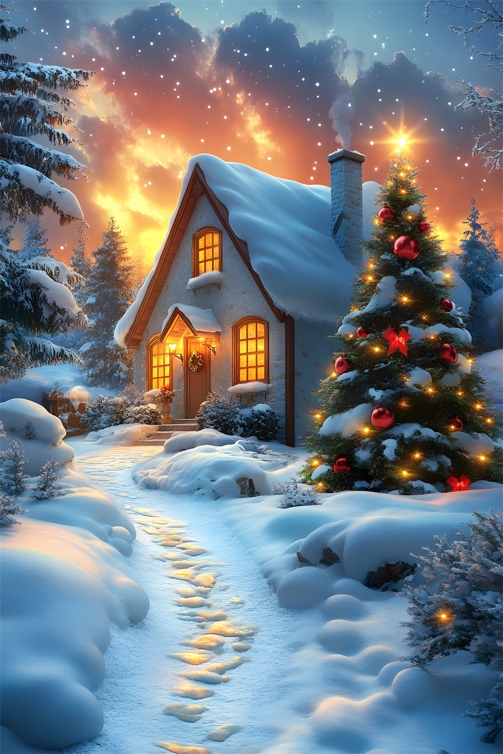 Christmas Snow Night Stars House Backdrop UK RR8-122