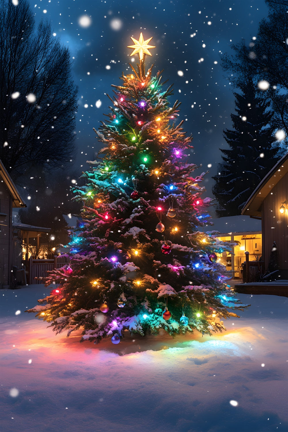 Christmas Tree Colorful Lights Snow Backdrop UK RR8-126