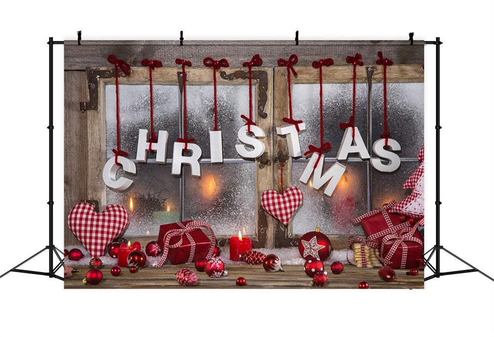 Christmas Wooden Window Red Ornaments Backdrop UK RR8-143