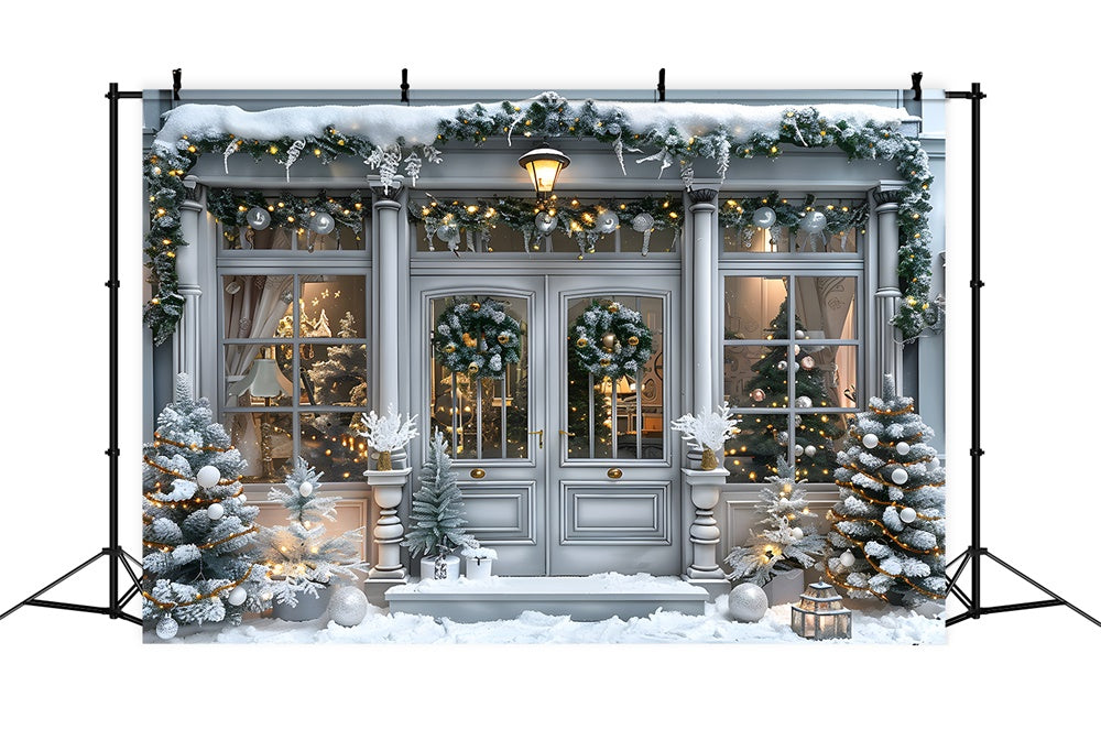 Snow Covered Christmas House Door Backdrop UK RR8-15