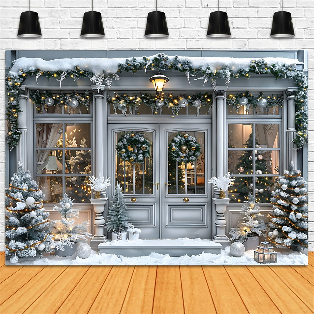 Snow Covered Christmas House Door Backdrop UK RR8-15