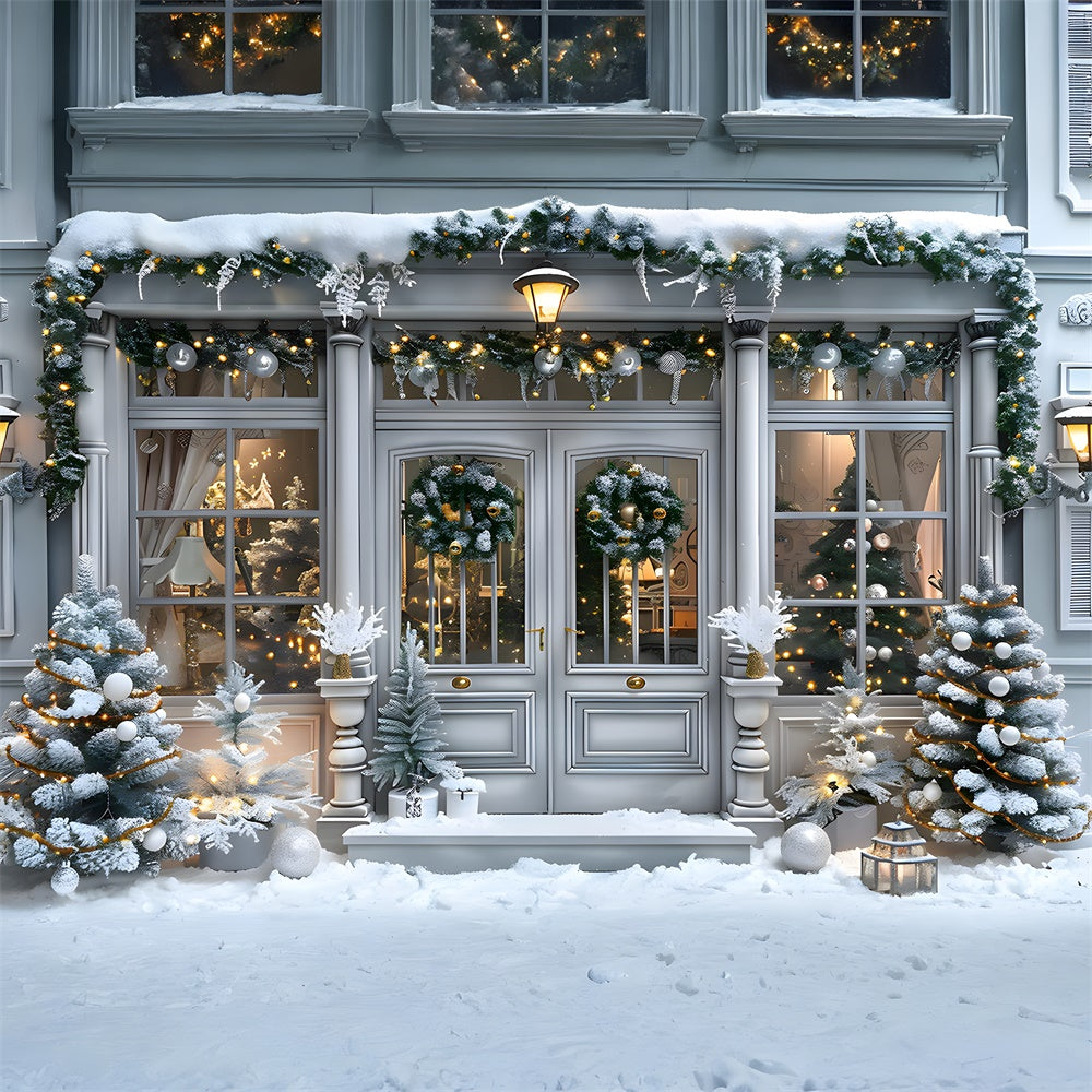 Snow Covered Christmas House Door Backdrop UK RR8-15