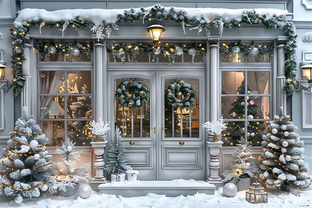 Snow Covered Christmas House Door Backdrop UK RR8-15