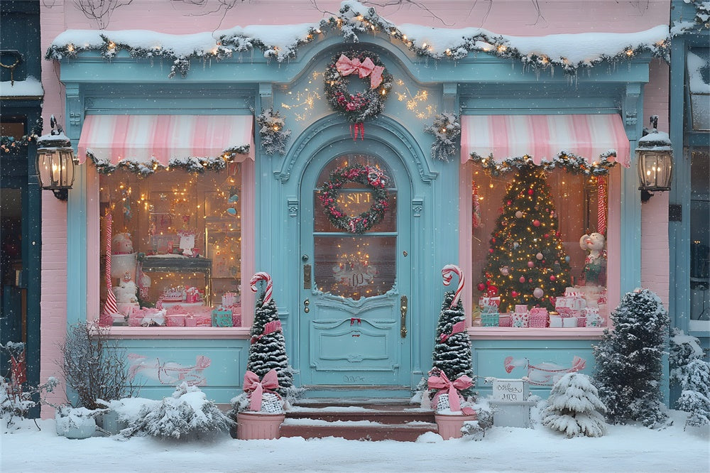 Christmas Candyland Storefront Pink Bows Backdrop UK RR8-151