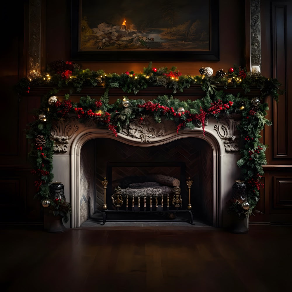 Christmas Ornate Fireplace Stockings Backdrop UK RR8-159