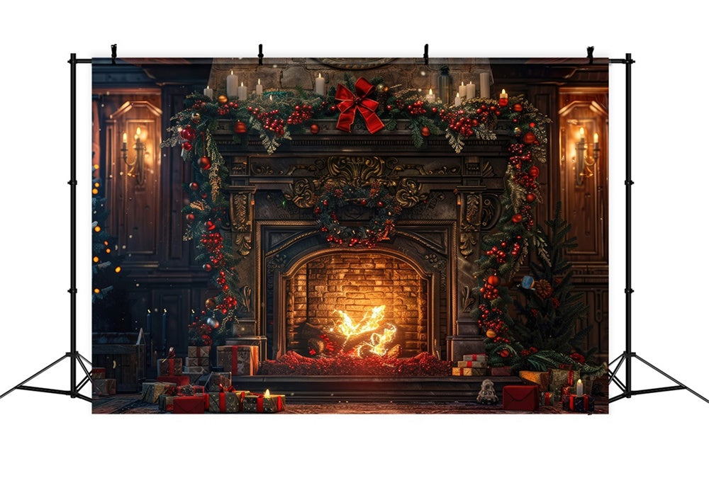 Christmas Rustic Fireplace Greenery Backdrop UK RR8-161