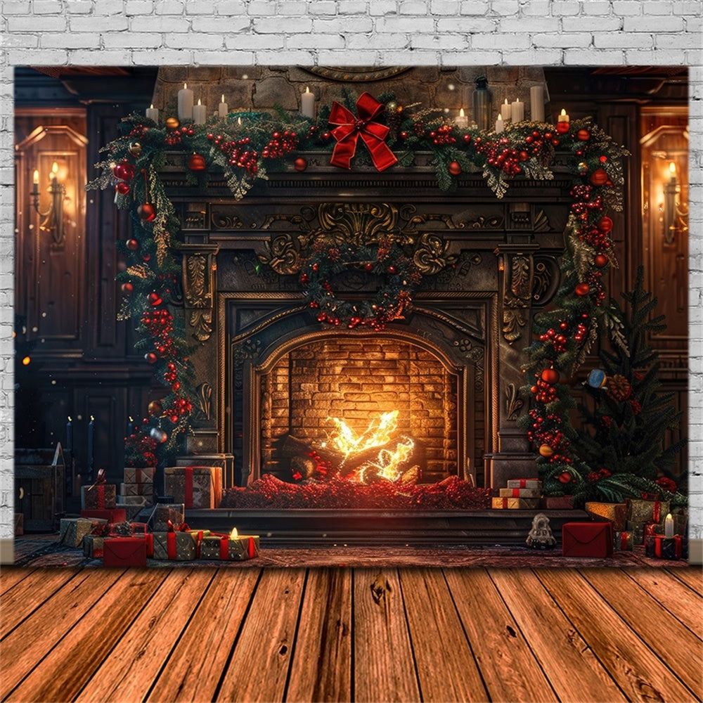 Christmas Rustic Fireplace Greenery Backdrop UK RR8-161