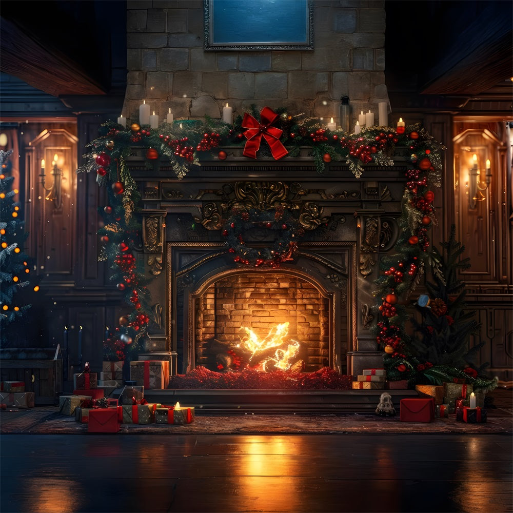 Christmas Rustic Fireplace Greenery Backdrop UK RR8-161