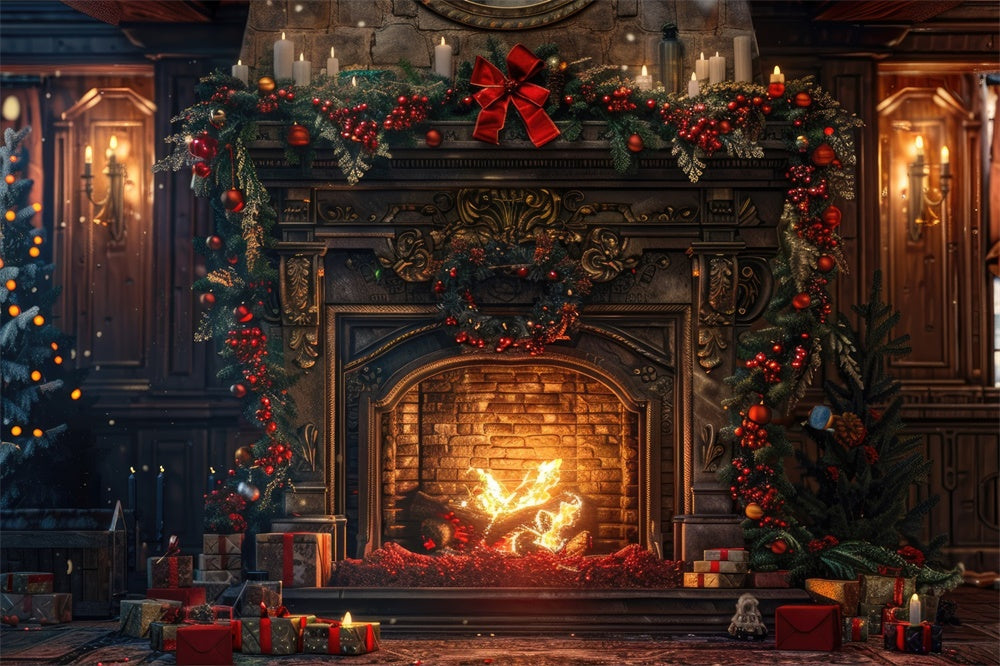 Christmas Rustic Fireplace Greenery Backdrop UK RR8-161