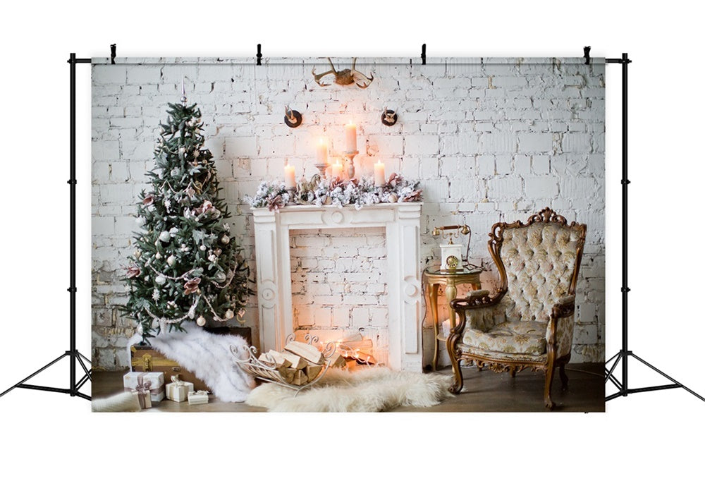 Christmas White Brick Wall Tree Fireplace Backdrop UK RR8-163