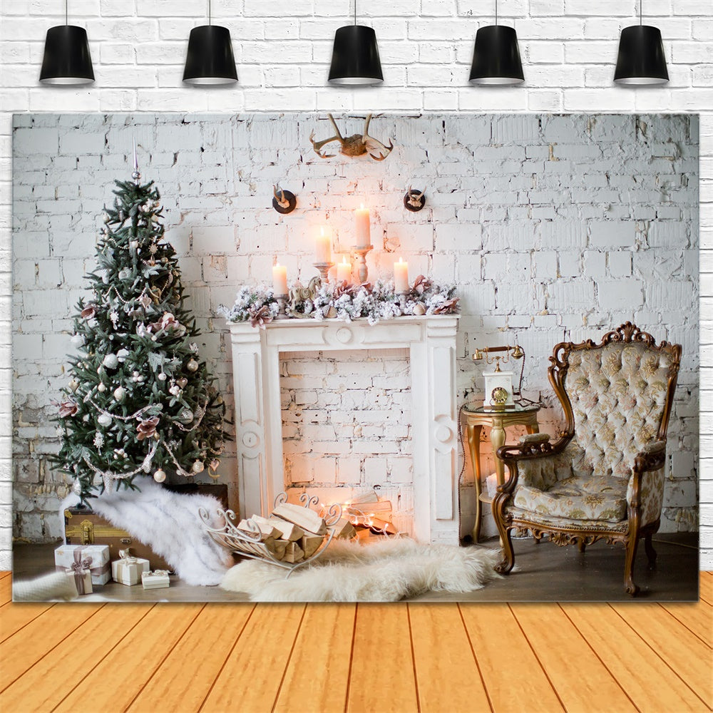 Christmas White Brick Wall Tree Fireplace Backdrop UK RR8-163