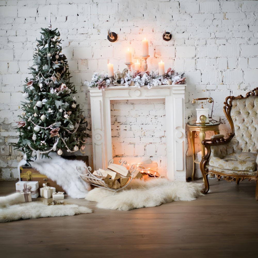 Christmas White Brick Wall Tree Fireplace Backdrop UK RR8-163