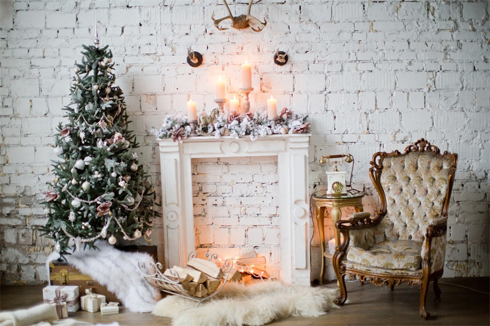 Christmas White Brick Wall Tree Fireplace Backdrop UK RR8-163